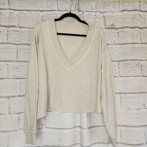 Aerie Womens Cream V-Neck French Terry Crop Long Sleeve Sweatshirt Size Small